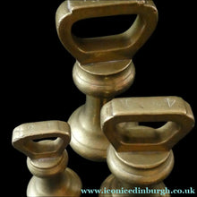 Load image into Gallery viewer, Three Antique Bell Shape Brass Weights Pooley of Liverpool 7lbs. 4lbs, 2lbs
