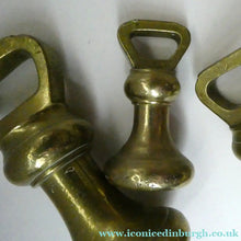 Load image into Gallery viewer, Three Antique Bell Shape Brass Weights Pooley of Liverpool 7lbs. 4lbs, 2lbs
