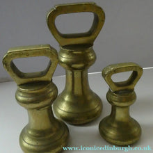 Load image into Gallery viewer, Three Antique Bell Shape Brass Weights Pooley of Liverpool 7lbs. 4lbs, 2lbs
