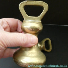 Load image into Gallery viewer, Three Antique Bell Shape Brass Weights Pooley of Liverpool 7lbs. 4lbs, 2lbs
