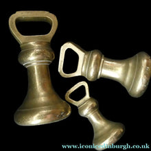 Load image into Gallery viewer, Three Antique Bell Shape Brass Weights Pooley of Liverpool 7lbs. 4lbs, 2lbs
