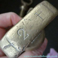 Load image into Gallery viewer, Three Antique Bell Shape Brass Weights Pooley of Liverpool 7lbs. 4lbs, 2lbs
