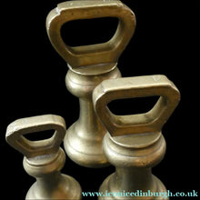 Load image into Gallery viewer, Three Antique Bell Shape Brass Weights Pooley of Liverpool 7lbs. 4lbs, 2lbs
