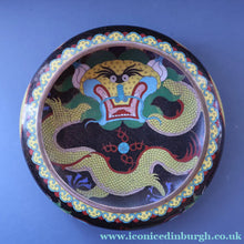 Load image into Gallery viewer, LARGE Antique Chinese Cloisonne Shallow Bowl with Five-Toed Dragon and Flaming Pearl. 10 inches

