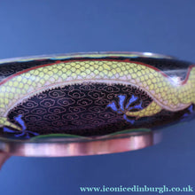 Load image into Gallery viewer, LARGE Antique Chinese Cloisonne Shallow Bowl with Five-Toed Dragon and Flaming Pearl. 10 inches

