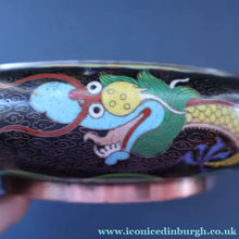 Load image into Gallery viewer, LARGE Antique Chinese Cloisonne Shallow Bowl with Five-Toed Dragon and Flaming Pearl. 10 inches
