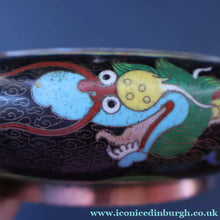 Load image into Gallery viewer, LARGE Antique Chinese Cloisonne Shallow Bowl with Five-Toed Dragon and Flaming Pearl. 10 inches
