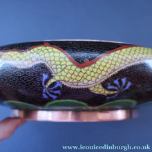 Load image into Gallery viewer, LARGE Antique Chinese Cloisonne Shallow Bowl with Five-Toed Dragon and Flaming Pearl. 10 inches
