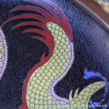 Load image into Gallery viewer, LARGE Antique Chinese Cloisonne Shallow Bowl with Five-Toed Dragon and Flaming Pearl. 10 inches
