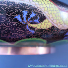 Load image into Gallery viewer, LARGE Antique Chinese Cloisonne Shallow Bowl with Five-Toed Dragon and Flaming Pearl. 10 inches
