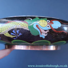 Load image into Gallery viewer, LARGE Antique Chinese Cloisonne Shallow Bowl with Five-Toed Dragon and Flaming Pearl. 10 inches
