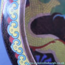 Load image into Gallery viewer, LARGE Antique Chinese Cloisonne Shallow Bowl with Five-Toed Dragon and Flaming Pearl. 10 inches
