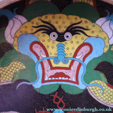 Load image into Gallery viewer, LARGE Antique Chinese Cloisonne Shallow Bowl with Five-Toed Dragon and Flaming Pearl. 10 inches
