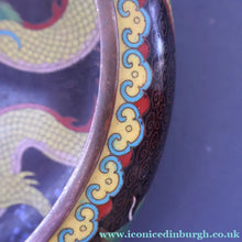 Load image into Gallery viewer, LARGE Antique Chinese Cloisonne Shallow Bowl with Five-Toed Dragon and Flaming Pearl. 10 inches
