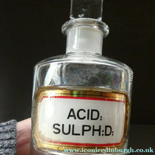 Load image into Gallery viewer, Antique Clear Glass Chemist Bottle. ACID: SULPH : D: with Original Foil Label and Lozenge Stoppe
