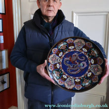 Load image into Gallery viewer, Large Antique Cloisonne Charger. Decorated with a Swirling Dragon and Intricate Decorative Border
