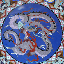 Load image into Gallery viewer,  Large Antique Cloisonne Charger. Decorated with a Swirling Dragon and Intricate Decorative Border
