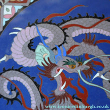 Load image into Gallery viewer, Large Antique Cloisonne Charger. Decorated with a Swirling Dragon and Intricate Decorative Border
