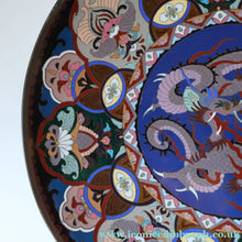 Load image into Gallery viewer, Large Antique Cloisonne Charger. Decorated with a Swirling Dragon and Intricate Decorative Border
