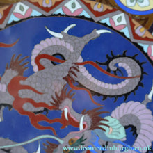 Load image into Gallery viewer, Large Antique Cloisonne Charger. Decorated with a Swirling Dragon and Intricate Decorative Border
