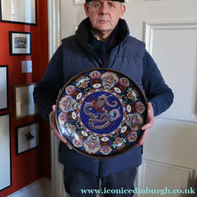 Load image into Gallery viewer, Large Antique Cloisonne Charger. Decorated with a Swirling Dragon and Intricate Decorative Border
