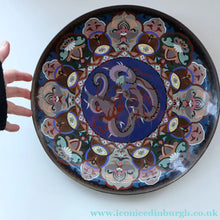 Load image into Gallery viewer, Large Antique Cloisonne Charger. Decorated with a Swirling Dragon and Intricate Decorative Border

