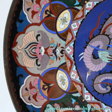 Load image into Gallery viewer, Large Antique Cloisonne Charger. Decorated with a Swirling Dragon and Intricate Decorative Border
