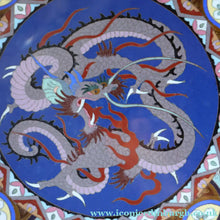 Load image into Gallery viewer, Large Antique Cloisonne Charger. Decorated with a Swirling Dragon and Intricate Decorative Border

