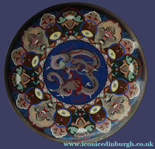 Load image into Gallery viewer, Large Antique Cloisonne Charger. Decorated with a Swirling Dragon and Intricate Decorative Border
