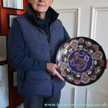 Load image into Gallery viewer, Large Antique Cloisonne Charger. Decorated with a Swirling Dragon and Intricate Decorative Border
