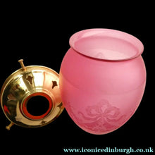 Load image into Gallery viewer, Antique EDWARDIAN Engraved Cranberry Glass and Brass Single Hanging Light Shade
