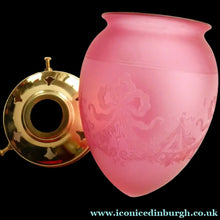 Load image into Gallery viewer, Antique EDWARDIAN Engraved Cranberry Glass and Brass Single Hanging Light Shade
