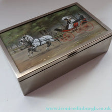 Load image into Gallery viewer, ANTIQUE Edwardian Silver Plate Cigar or Trinket Box - with hand embellised print by GEORGE WRIGHT. Carriage Image
