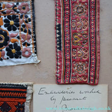 Load image into Gallery viewer, ANTIQUE FOLK ART. Pre-1950s Embroidered Textile Sample: Made by Peasants in Romania. Mounted on 1950s Swan Pens Advert

