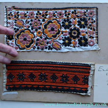 Load image into Gallery viewer, ANTIQUE FOLK ART. Pre-1950s Embroidered Textile Sample: Made by Peasants in Romania. Mounted on 1950s Swan Pens Advert
