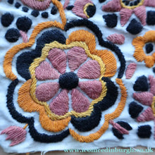 Load image into Gallery viewer, ANTIQUE FOLK ART. Pre-1950s Embroidered Textile Sample: Made by Peasants in Romania. Mounted on 1950s Swan Pens Advert
