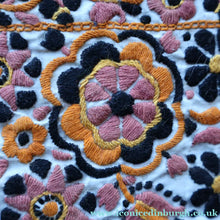 Load image into Gallery viewer, ANTIQUE FOLK ART. Pre-1950s Embroidered Textile Sample: Made by Peasants in Romania. Mounted on 1950s Swan Pens Advert
