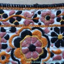 Load image into Gallery viewer, ANTIQUE FOLK ART. Pre-1950s Embroidered Textile Sample: Made by Peasants in Romania. Mounted on 1950s Swan Pens Advert
