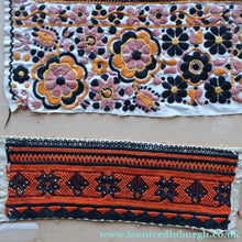 Load image into Gallery viewer, ANTIQUE FOLK ART. Pre-1950s Embroidered Textile Sample: Made by Peasants in Romania. Mounted on 1950s Swan Pens Advert
