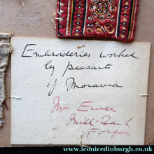 Load image into Gallery viewer, ANTIQUE FOLK ART. Pre-1950s Embroidered Textile Sample: Made by Peasants in Romania. Mounted on 1950s Swan Pens Advert
