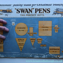 Load image into Gallery viewer, ANTIQUE FOLK ART. Pre-1950s Embroidered Textile Sample: Made by Peasants in Romania. Mounted on 1950s Swan Pens Advert
