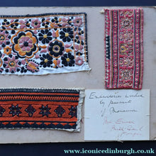Load image into Gallery viewer, ANTIQUE FOLK ART. Pre-1950s Embroidered Textile Sample: Made by Peasants in Romania. Mounted on 1950s Swan Pens Advert
