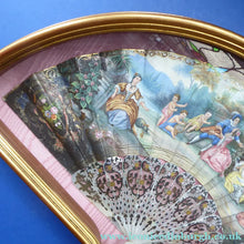 Load image into Gallery viewer, Antique FRAMED Hand Painted Fan with mother of pearl sticks and guards:  shaped, carved, pierced and gilt. FETE GALANTE design
