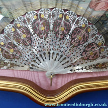 Load image into Gallery viewer, Antique FRAMED Hand Painted Fan with mother of pearl sticks and guards:  shaped, carved, pierced and gilt. FETE GALANTE design
