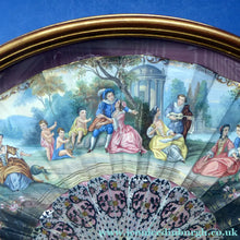 Load image into Gallery viewer, Antique FRAMED Hand Painted Fan with mother of pearl sticks and guards:  shaped, carved, pierced and gilt. FETE GALANTE design
