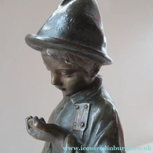 Load image into Gallery viewer, Antique French 1930s Table Lamp. STREET MUSICIAN by G. Demange. Bronzed Spelter with Frosted Glass Globe Shade 
