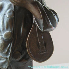 Load image into Gallery viewer, Antique French 1930s Table Lamp. STREET MUSICIAN by G. Demange. Bronzed Spelter with Frosted Glass Globe Shade 
