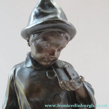 Load image into Gallery viewer, Antique French 1930s Table Lamp. STREET MUSICIAN by G. Demange. Bronzed Spelter with Frosted Glass Globe Shade 
