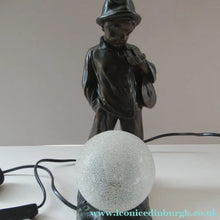 Load image into Gallery viewer, Antique French 1930s Table Lamp. STREET MUSICIAN by G. Demange. Bronzed Spelter with Frosted Glass Globe Shade 
