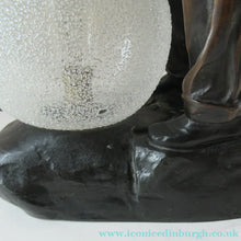 Load image into Gallery viewer, Antique French 1930s Table Lamp. STREET MUSICIAN by G. Demange. Bronzed Spelter with Frosted Glass Globe Shade 
